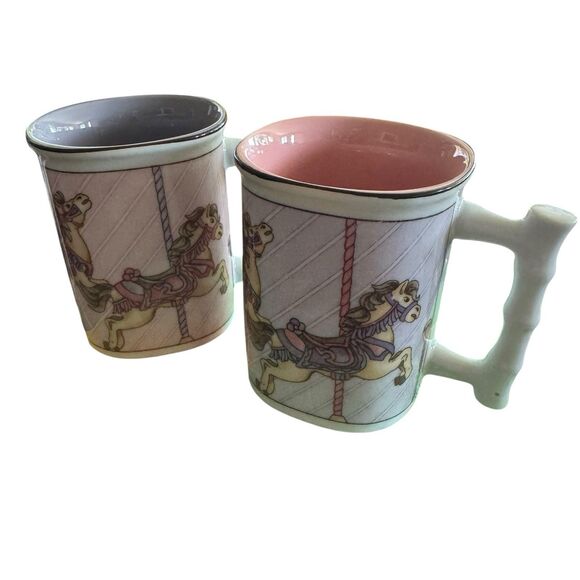 Takahashi Carousel Horse Mugs Bamboo Style Handle Set of 2 Pink Purple - Picture 9 of 10